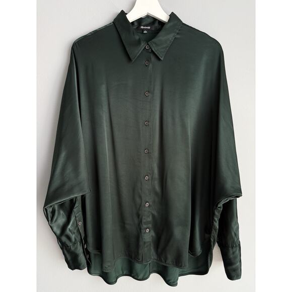 Madewell Tops - Madewell Green Satin Button Down Shirt Dolman Sleeve Oversized Relaxed Size L
